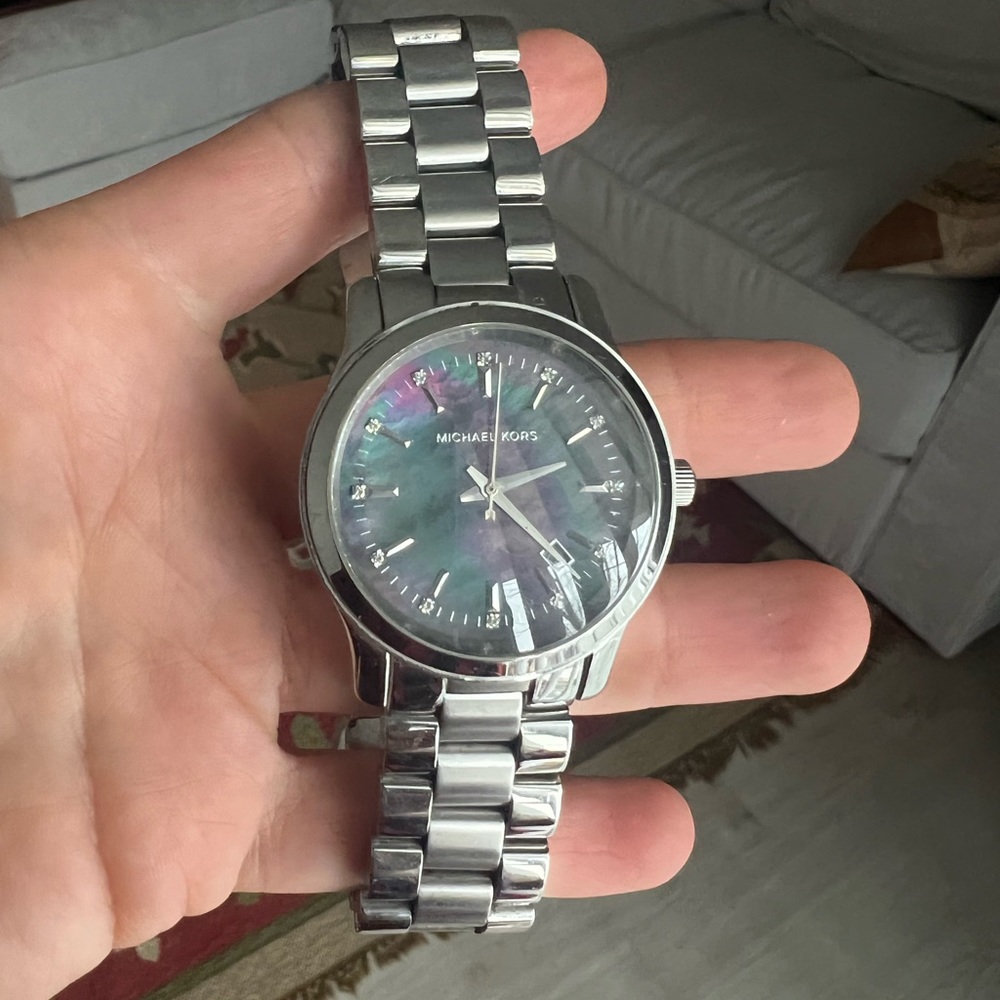 Michael Kors Stainless Steel watch with crystals, black mother of pearl face